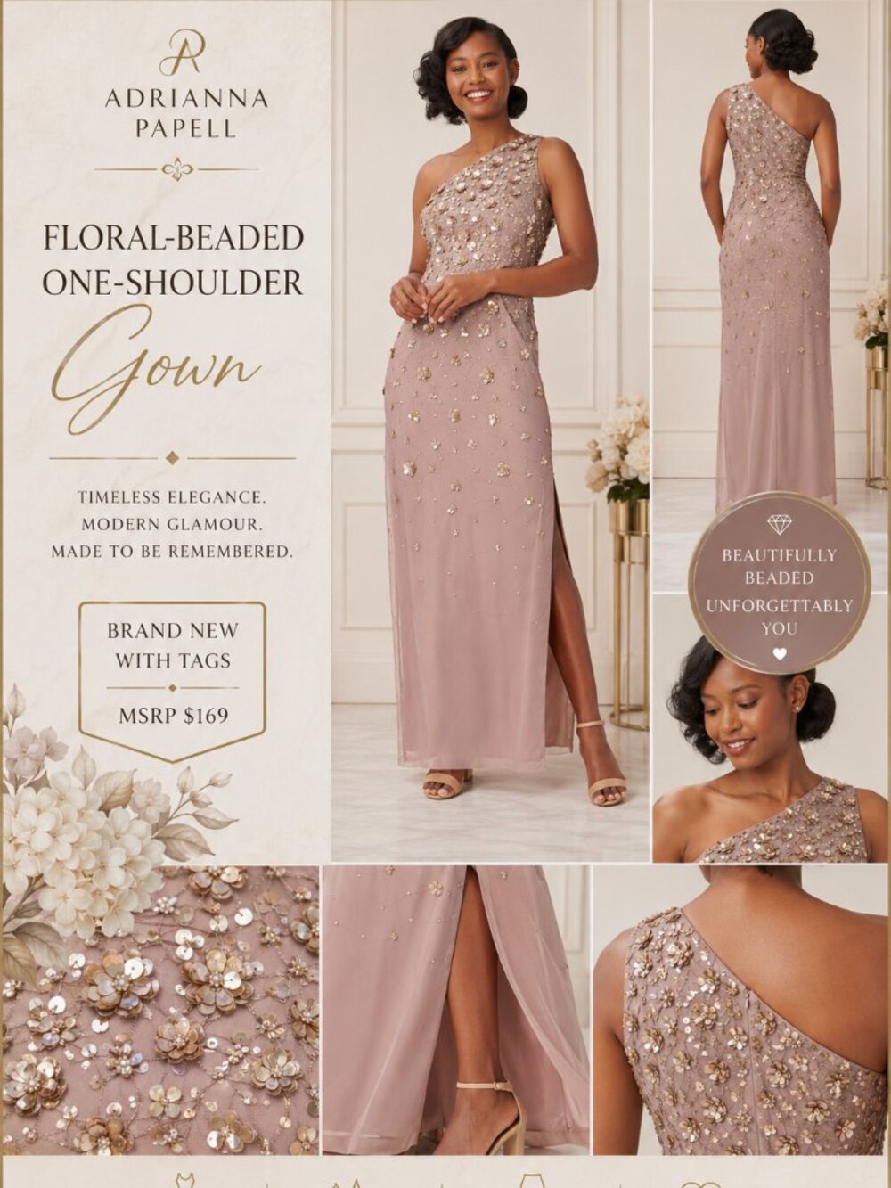 Adrianna Papell Beaded One Shoulder Gown Stone 10 NWT Formal Prom
